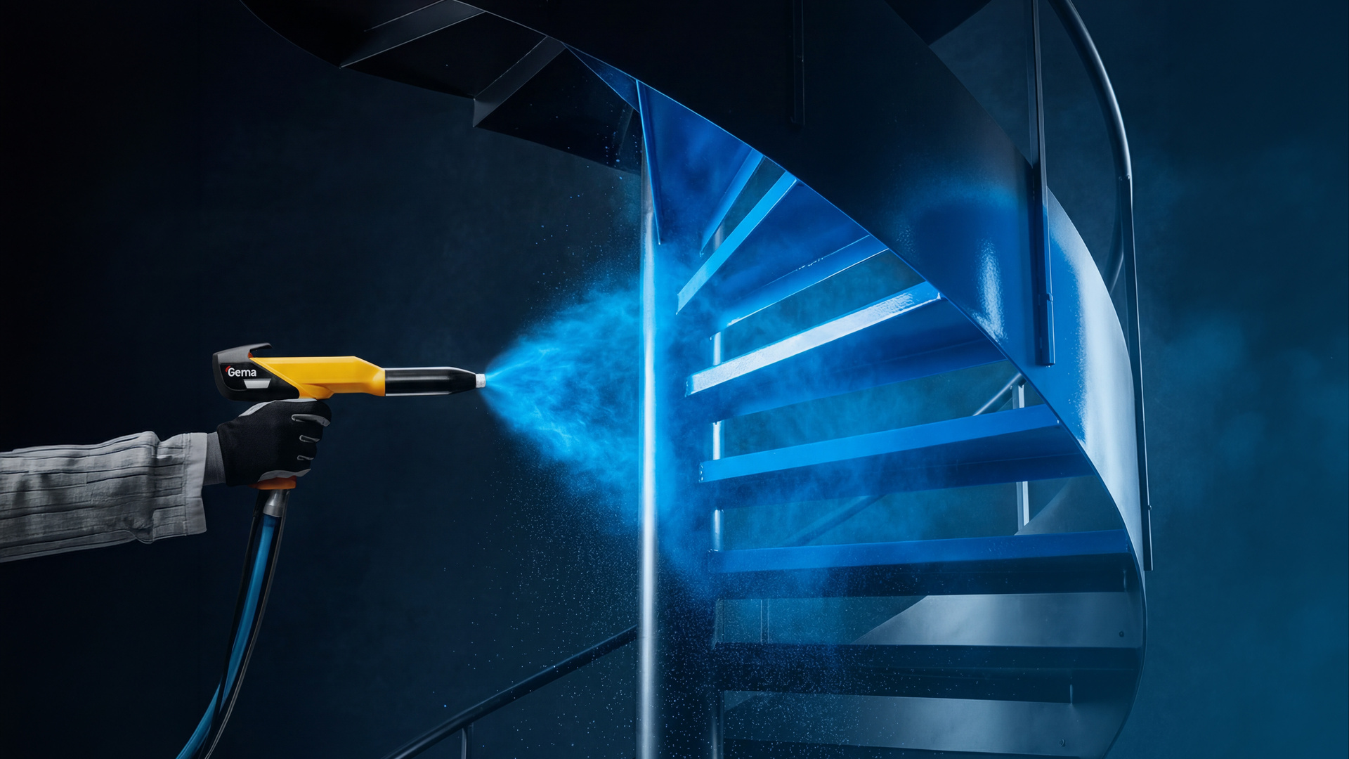 Application d'un revêtement thermolaqué bleu sur un escalier hélicoïdal métallique