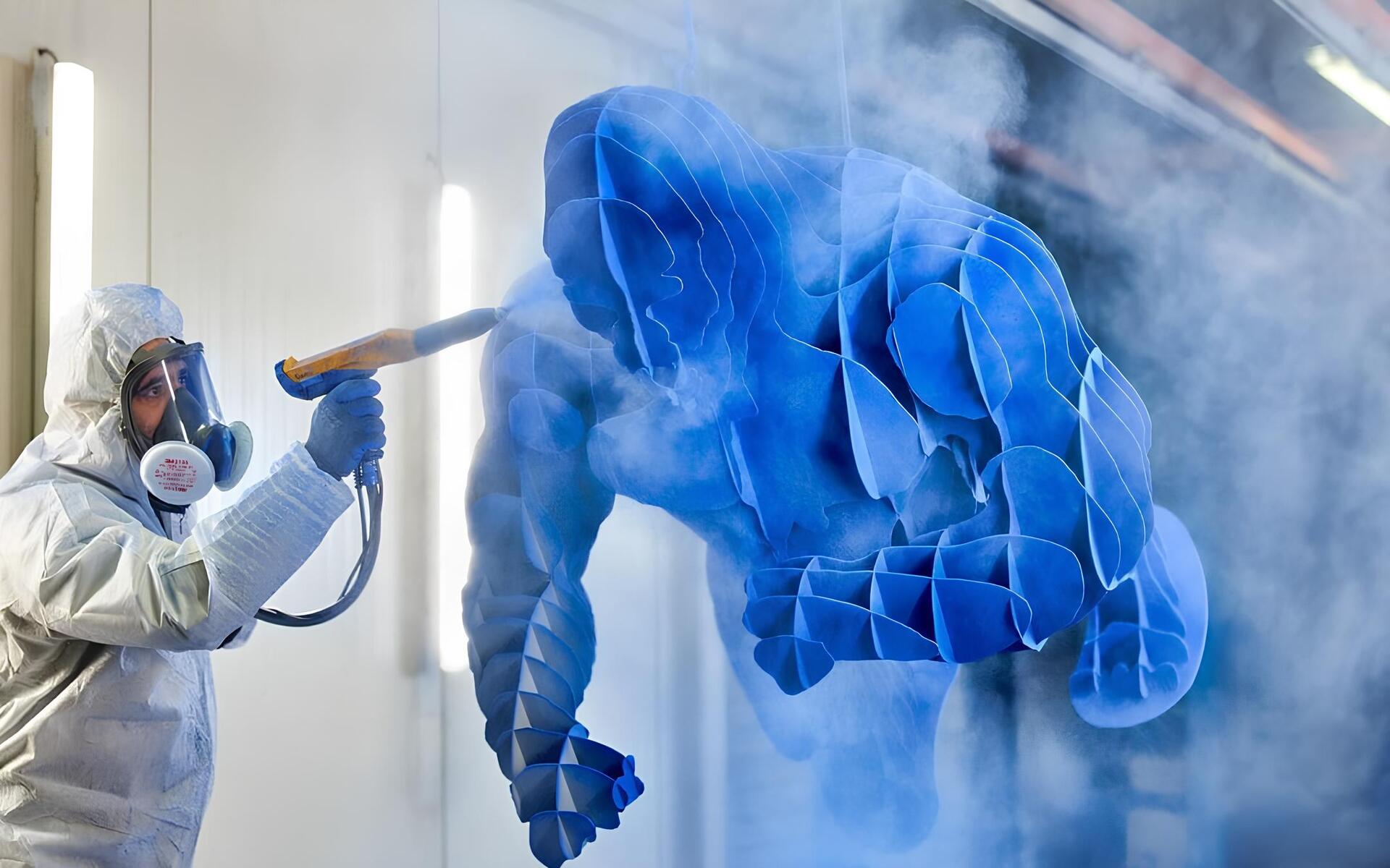Application d'un revêtement thermolaqué bleu sur une sculpture métallique suspendue