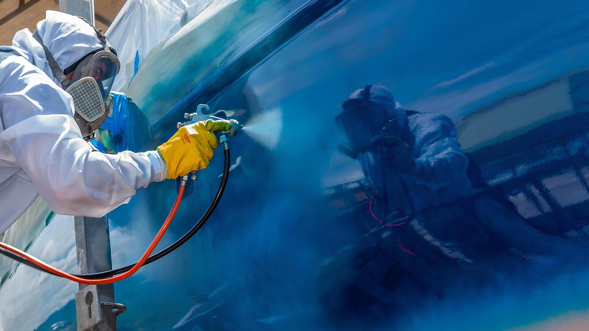 Application d'une peinture liquide bleue sur un ouvrage de grande dimension