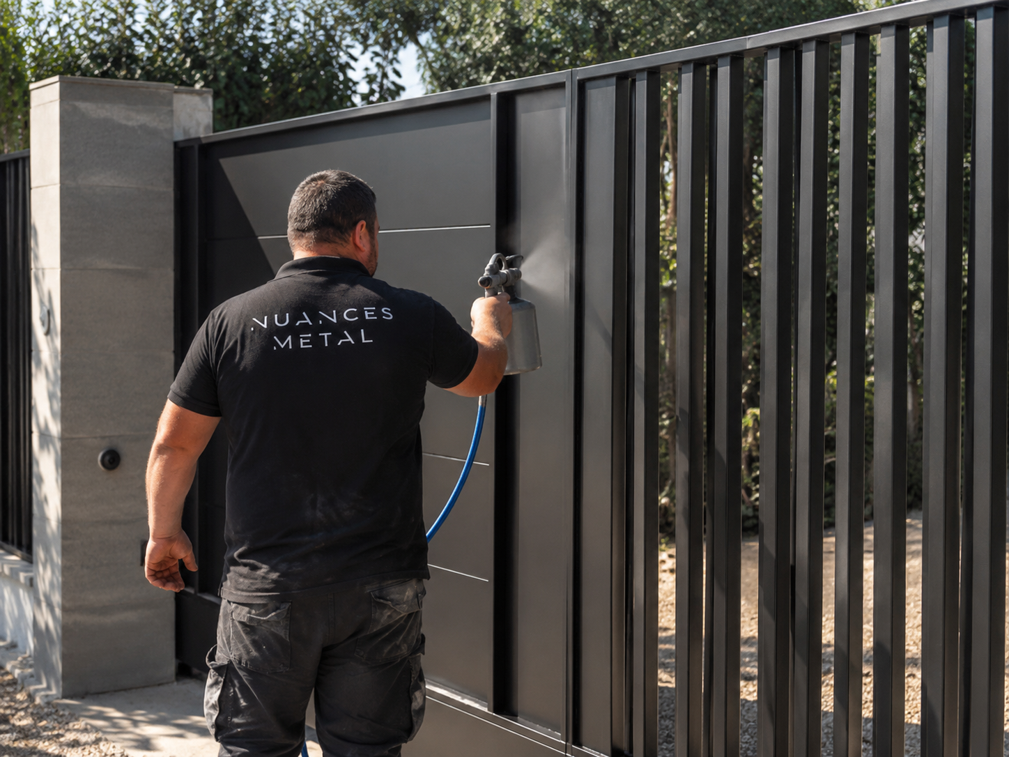 Application d'une peinture liquide noire sur un portail
