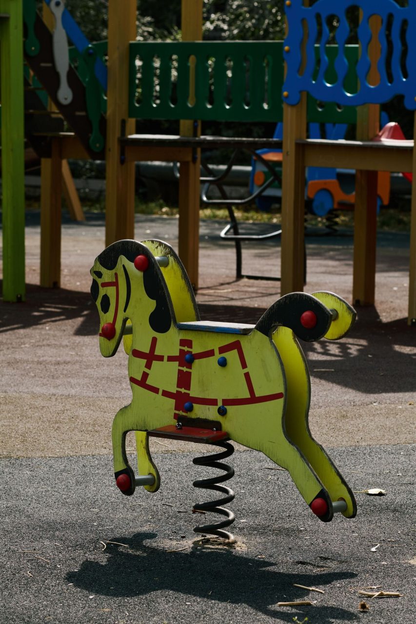 Animal sur ressort métallique vert situé dans un parc