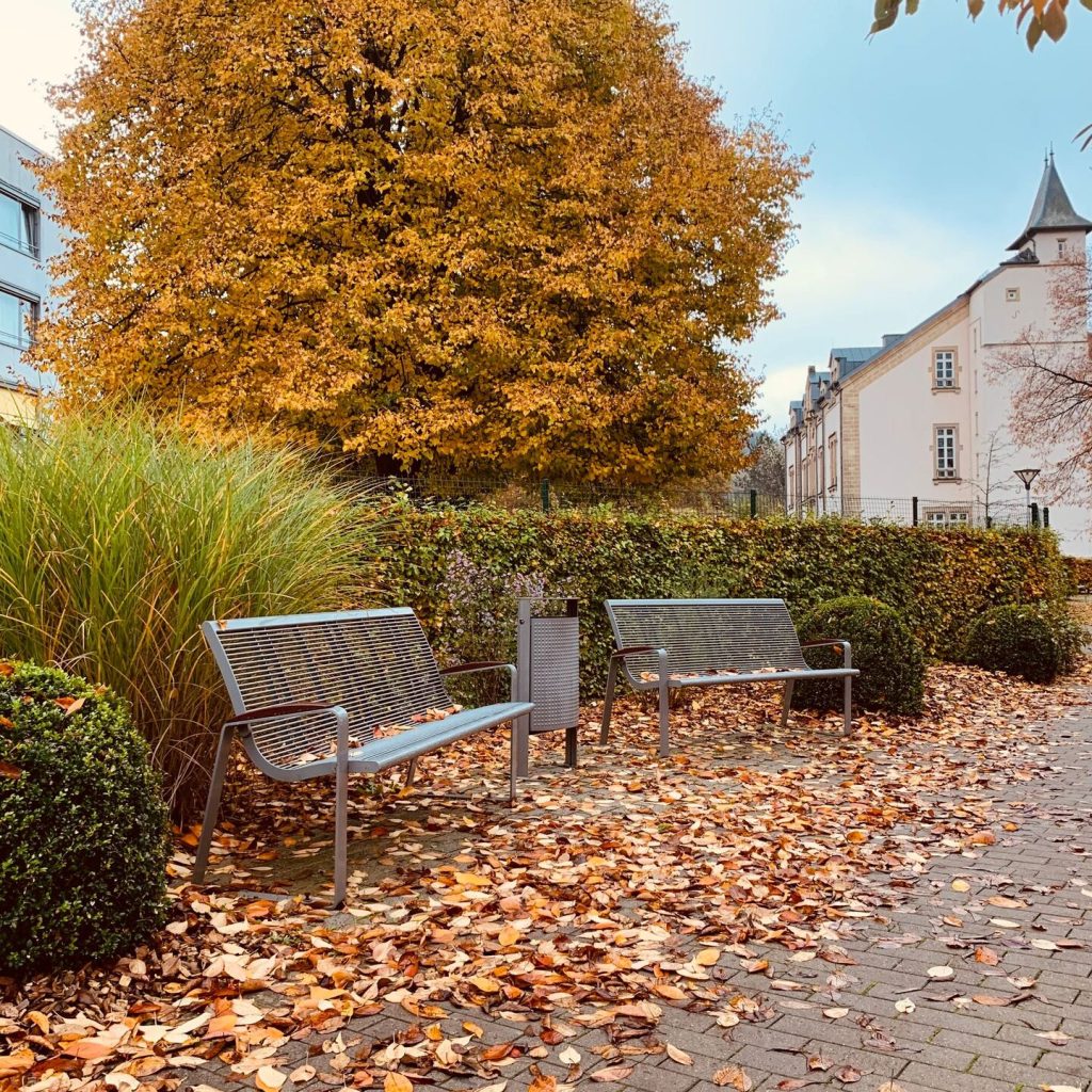 Bancs métalliques gris installés dans un parc