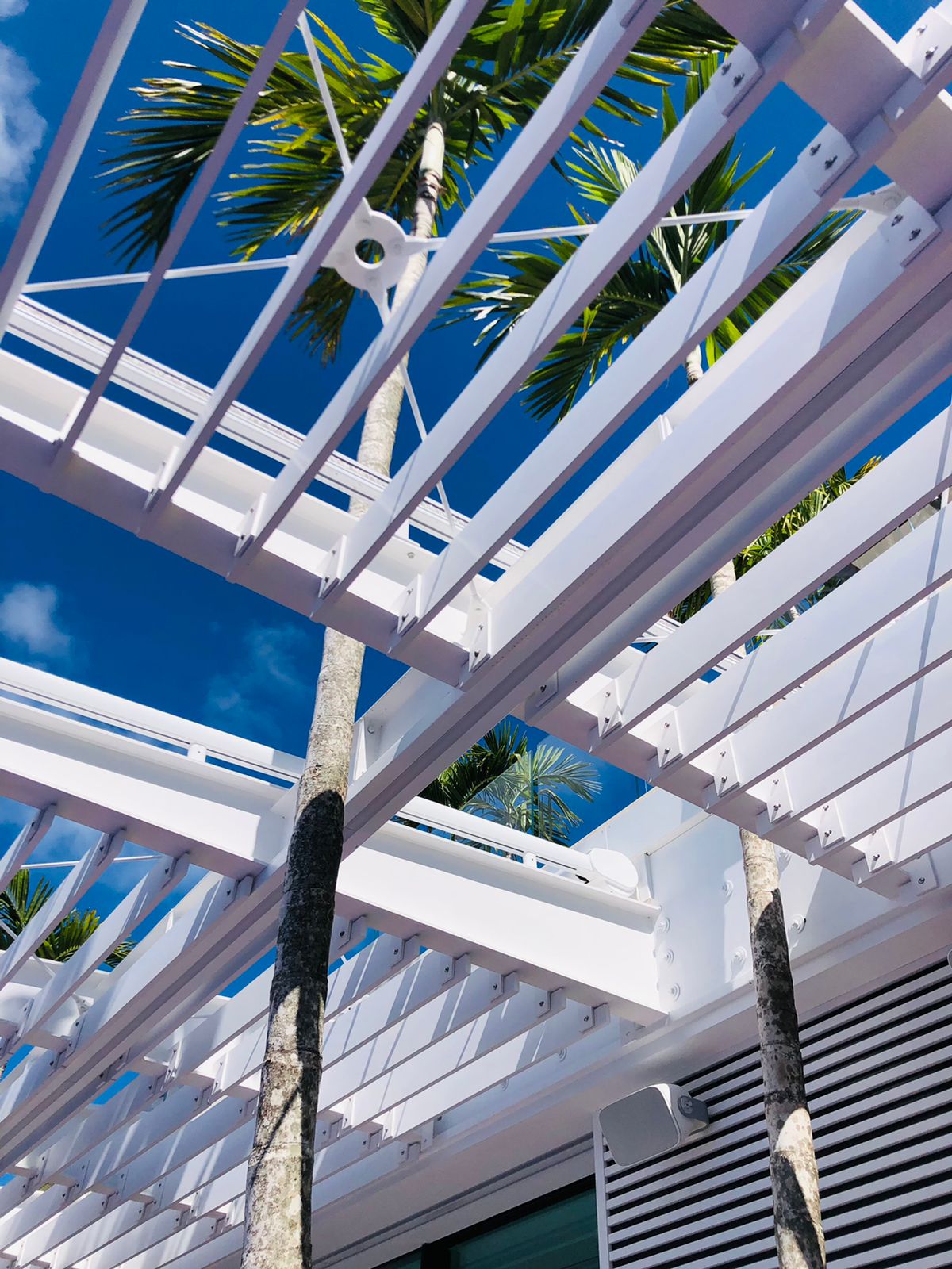 Pergola métallique blanche située au-dessus d'une terrasse extérieure
